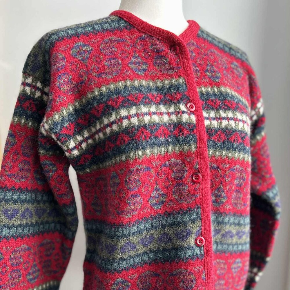 Vintage Simons Cerise & Multicolor Fair Isle Pure Shetland Wool Cardigan – US L - Picture 2 of 14